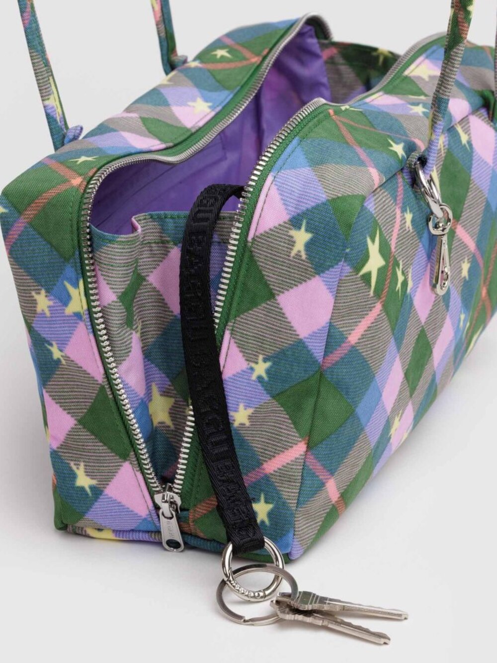 NWT Baggu Regular Nylon Bowler Bag - Green Star Plaid - Picture 6 of 11